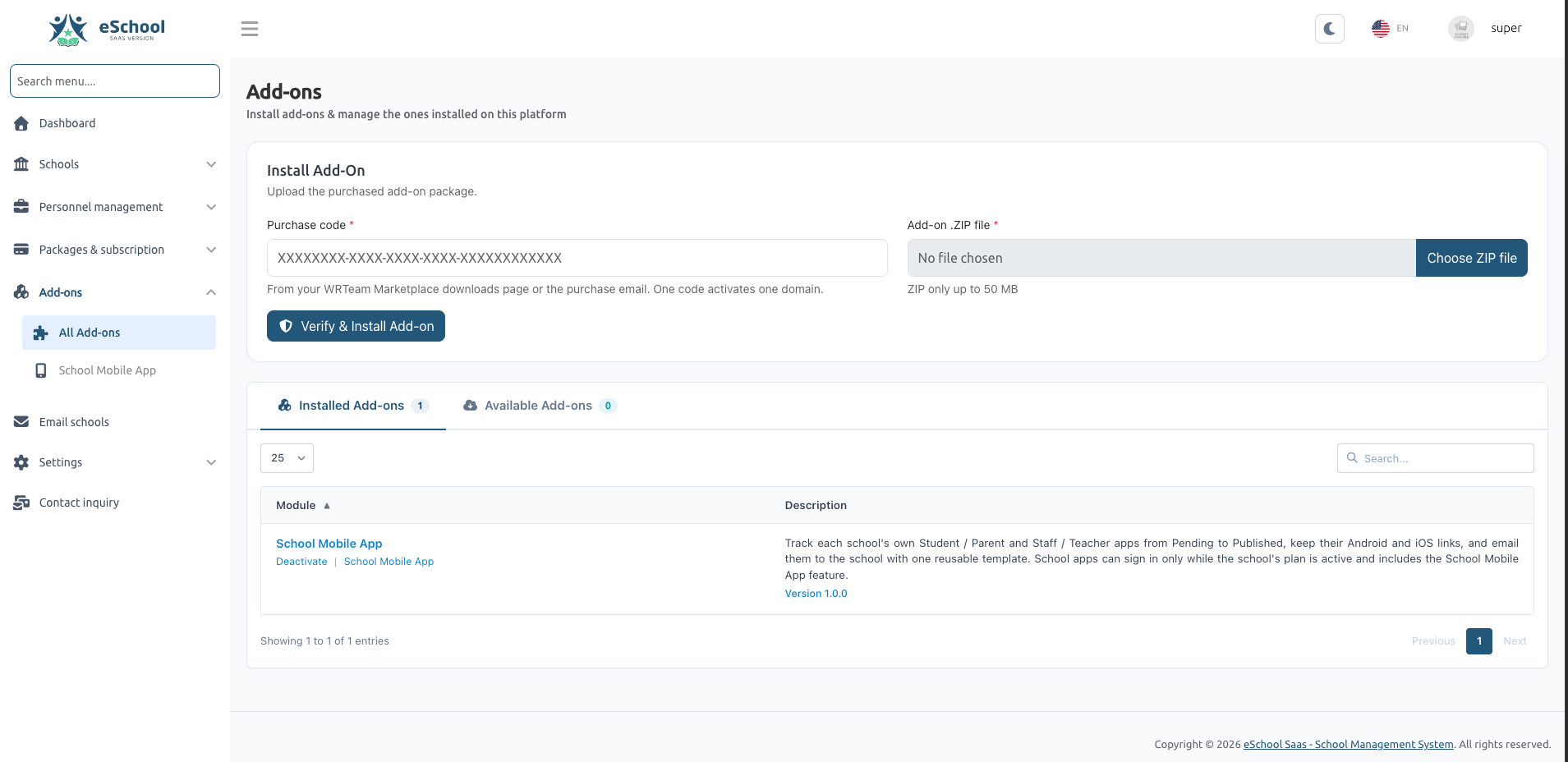e-School SaaS Add-on Manager